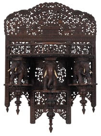 Carved Teak and Bone Inset Elephant Figural Hanging Shelf