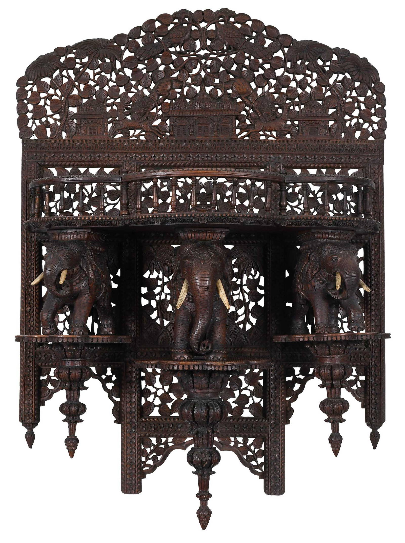 Carved Teak and Bone Inset Elephant Figural Hanging Shelf