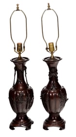 Pair Japanese Meiji Style Bronze Vases Mounted as Lamps