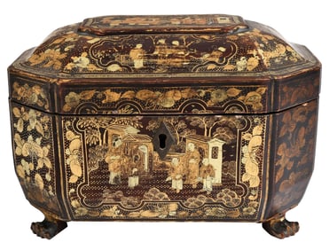 Black Lacquer and Gilt Chinoiserie Decorated Tea Caddy