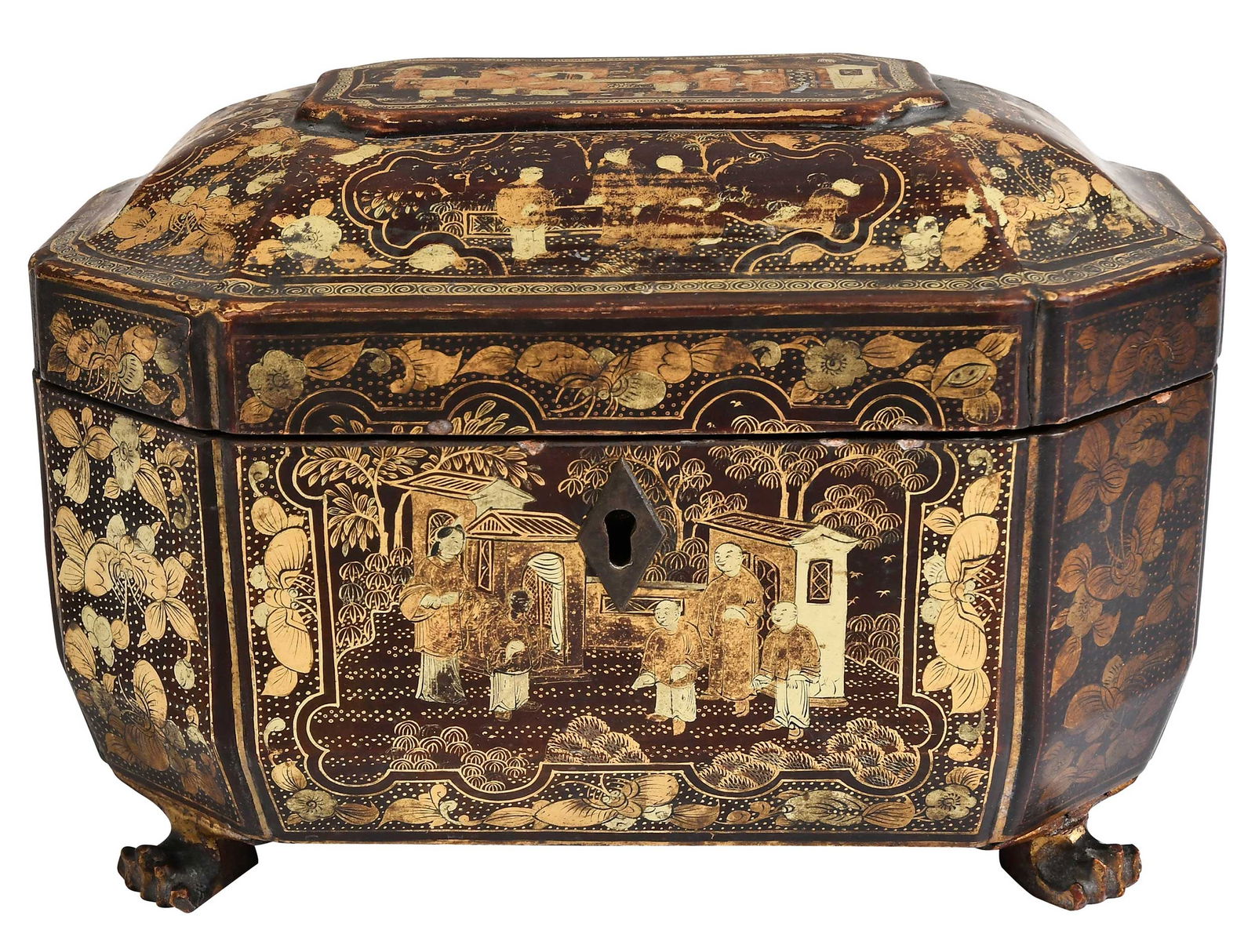 Black Lacquer and Gilt Chinoiserie Decorated Tea Caddy: 19th century, ivory lid finials, 5-1/2 x 8 x 5-1/4 in. Provenance: Lynda Willauer Antiques, Eaton, Connecticut, December 6, 1996 (accompanied by copy of receipt for $1,450); Estate of Diane Parker, Th