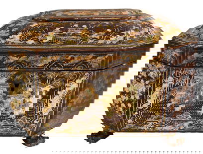 Black Lacquer and Gilt Chinoiserie Decorated Tea Caddy: 19th century, ivory lid finials, 5-1/2 x 8 x 5-1/4 in. Provenance: Lynda Willauer Antiques, Eaton, Connecticut, December 6, 1996 (accompanied by copy of receipt for $1,450); Estate of Diane Parker, Th