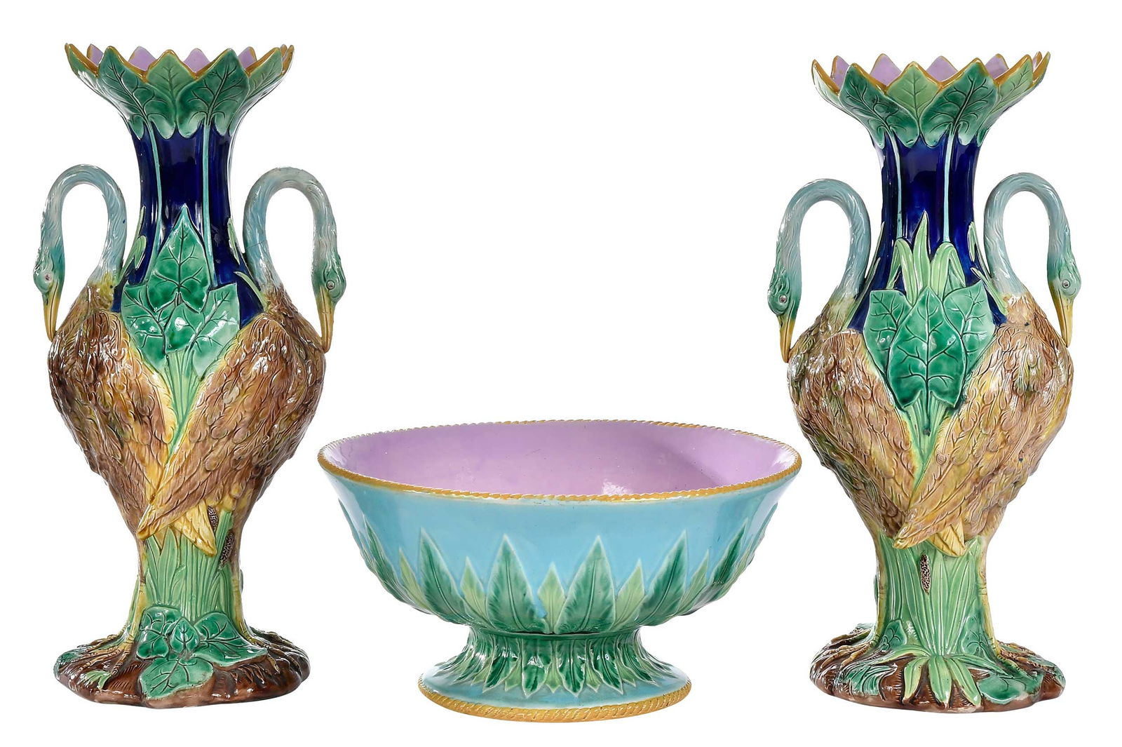 Pair of George Jones Attributed Majolica Crane Vases, with Similar Bowl: English, 19th century, vases marked "1847/II" to bases; bowl with black mark overglaze to base; largest approx. 13-1/4 x 6-1/4 x 5-1/2 in. Provenance: Estate of Diane Parker, Thomasville, Ge