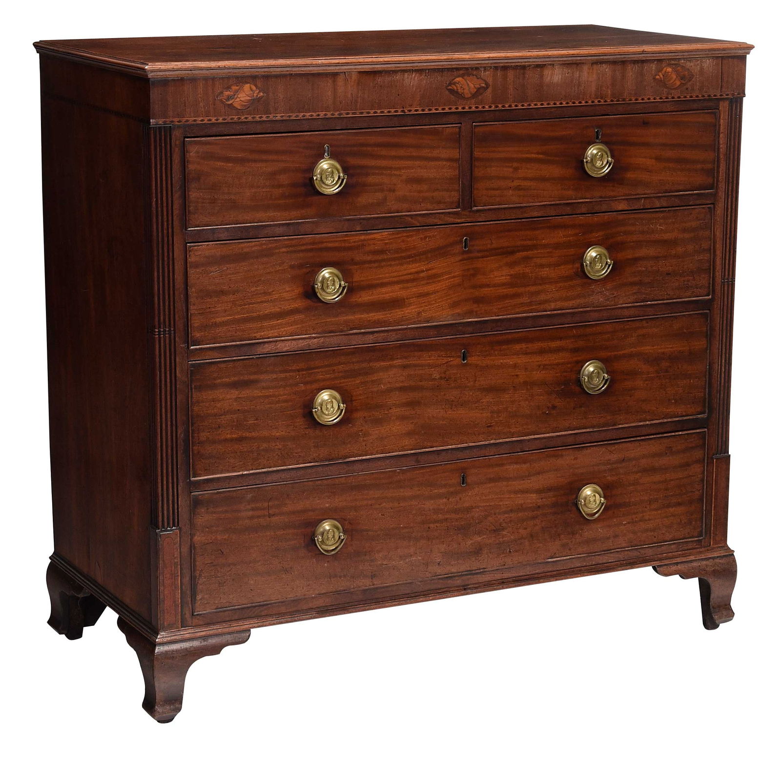 Late George III Shell Inlaid Mahogany Chest of Drawers: British, 19th century, conch shell inlaid frieze, five dovetailed drawers, original ogee bracket feet, 44 x 47 x 21-1/4 in. Provenance: Estate of Diane Parker, Thomasville, Georgia