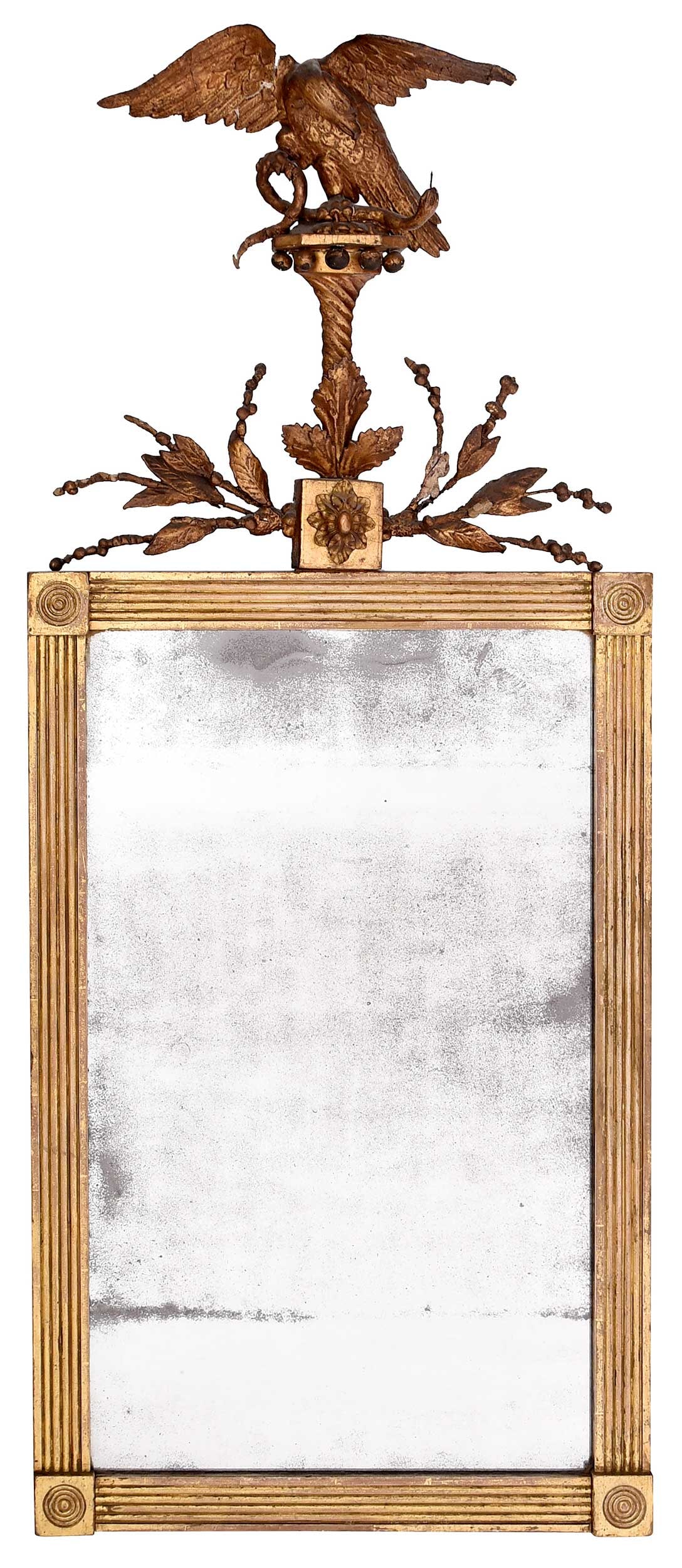 Regency Carved Gilt and Molded Composition Eagle Figural Mirror: British, 19th century, with eagle and snake molded composition ornament, distressed possibly original mirror plate, 52 x 21-1/4 in. Provenance: Estate of Diane Parker, Thomasville, Georgia