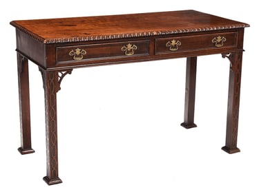 Chinese Chippendale Style Carved Mahogany Two Drawer Writing Table
