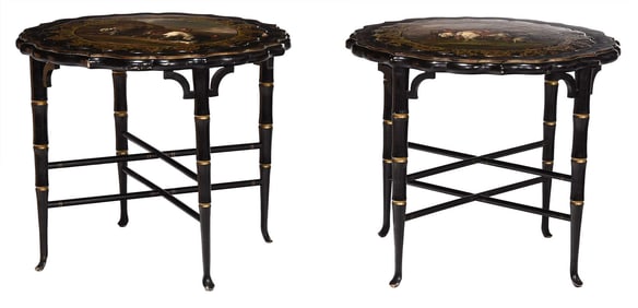 Pair of Hand Painted and Ebonized Victorian Side Tables with Hunt Scenes