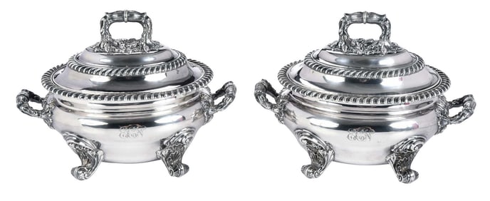 Pair of Old Sheffield Plate Covered Sauce Tureens