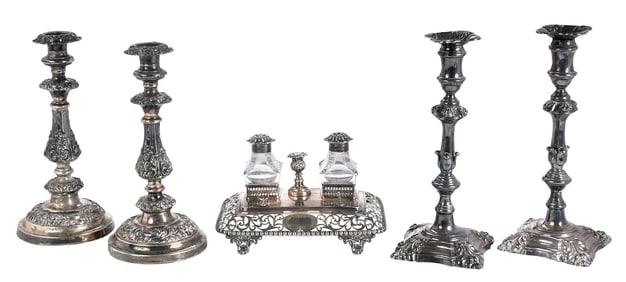 Two Pair of Silver Plate Candlesticks and Silver Plate Inkstand