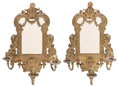 Pair of Georgian Style Brass Mirrored Wall Sconces