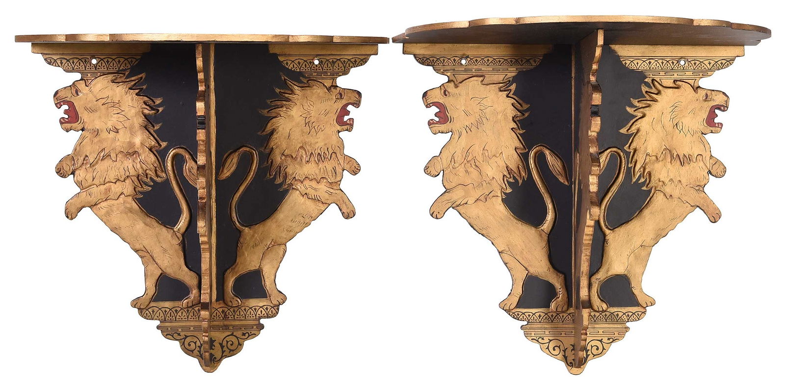 Pair of Anglo Sinhalese Style Reproduction Lion Form Wall Sconces: modern, each 14-1/4 x 15-1/4 x 9-7/8 in. Provenance: Estate of Diane Parker, Thomasville, Georgia