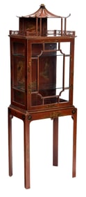 Chinoiserie Red Lacquer Decorated Pagoda Form Display Cabinet on Stand