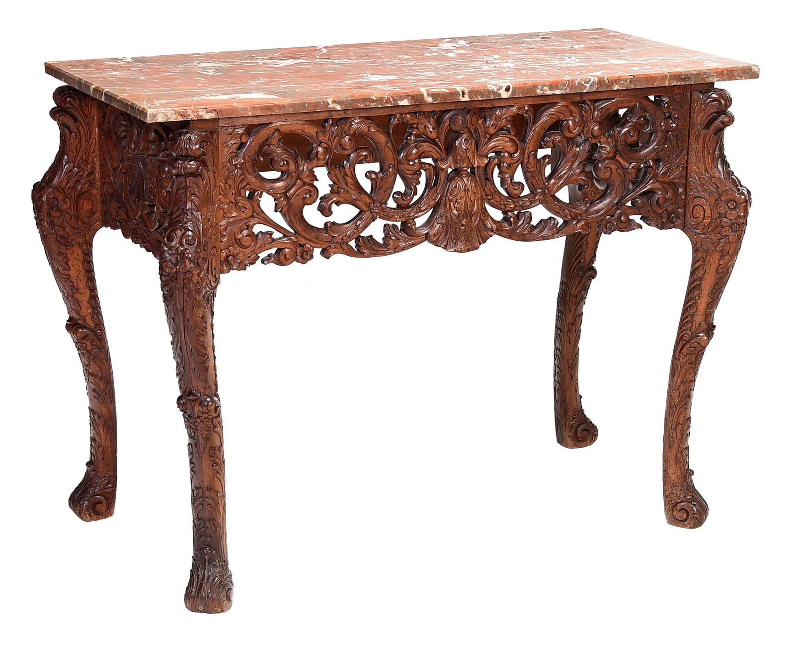 Irish George II Style Carved Beechwood Marble Top Pier Table: probably late 19th century, possibly colonial, well carved frame set with a variegated marble top, 31-3/4 x 42 x 22 in. Provenance: Estate of Diane Parker, Thomasville, Georgia