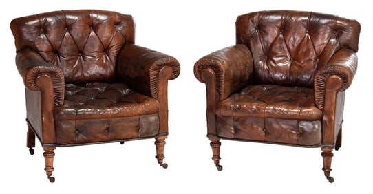 Pair of Edwardian Button Back Leather Club Chairs