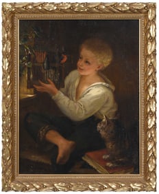 German School Painting, Boy with Bird and Cat