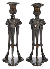 Near Pair of French Bronze Empire or Style Ram's Head Triform Candlesticks