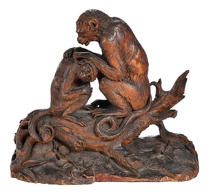 Whimsical Carved Wood Sculpture of Grooming Monkeys