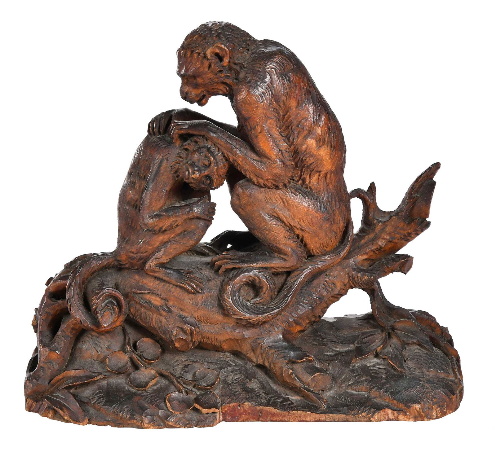 Whimsical Carved Wood Sculpture of Grooming Monkeys: Continental, late 19th century, 8-1/4 x 9-1/2 x 5-1/8 in. Provenance: Estate of Diane Parker, Thomasville, Georgia Note: This lot is accompanied by a copy of an appraisal provided by Whitehall at the