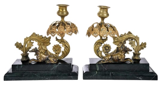 Pair of French Bronze Greyhound Candlesticks on Green Marbled Bases