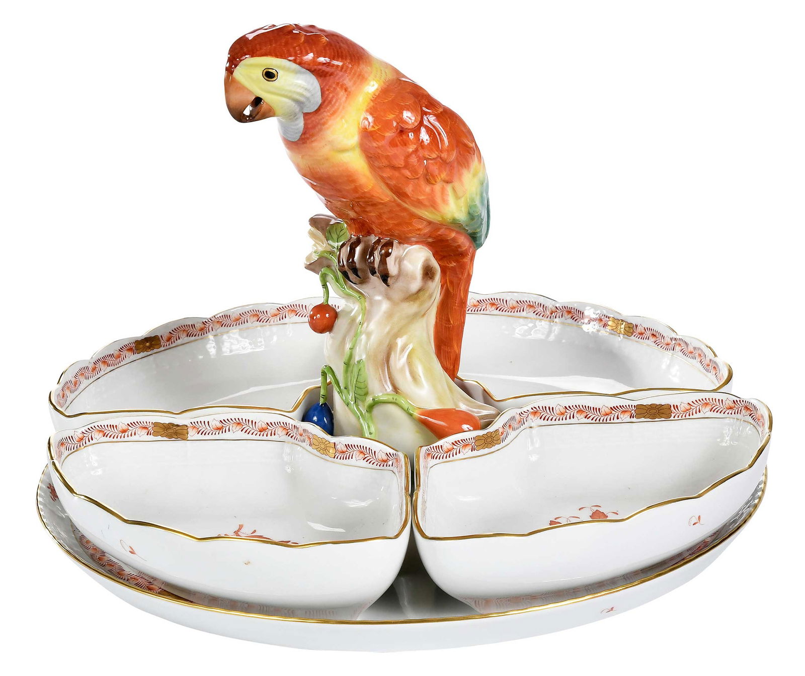 Herend Porcelain Parrot Hors d'Oeuvres Tray in Chinese Bouquet Rust: Hungarian, 20th century, Herend marks to undersides, parrot molded to underplate, approx. 10-1/4 x 14-1/2 x 14-1/2 in. Provenance: Estate of Diane Parker, Thomasville, Georgia