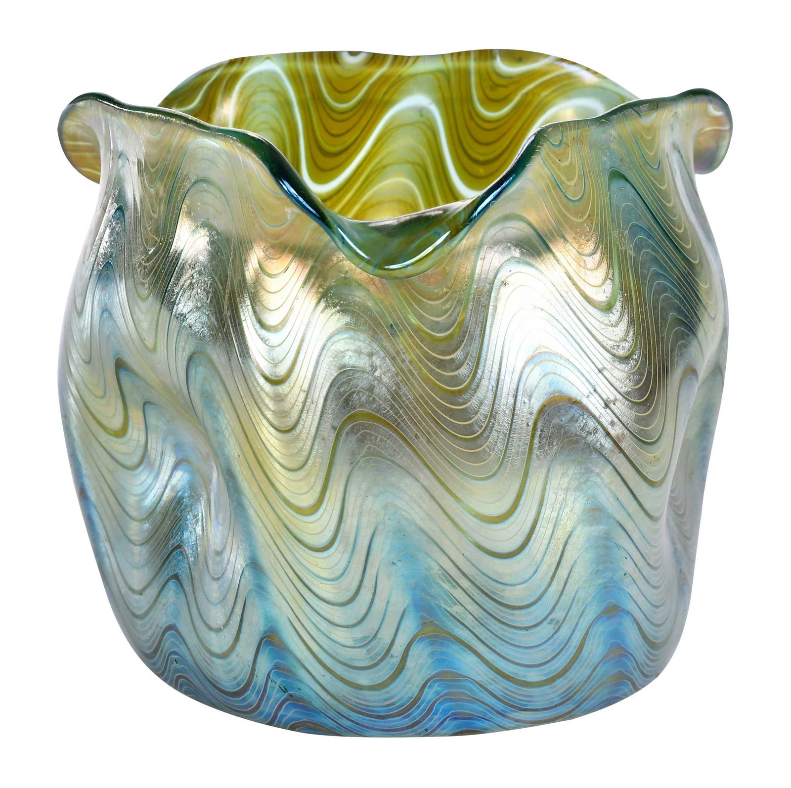 Loetz Phaenomen Iridescent Green Glass Vase: Czech, late 19th/early 20th century, unmarked, 4-3/4 x 5-1/4 x 5-1/2 in. Provenance: Estate of Diane Parker, Thomasville, Georgia