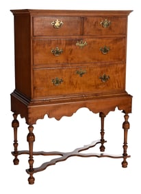 New England William and Mary Figured Maple Chest on Frame