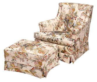 Contemporary Upholstered Chair and Ottoman with Chinoiserie Fabric