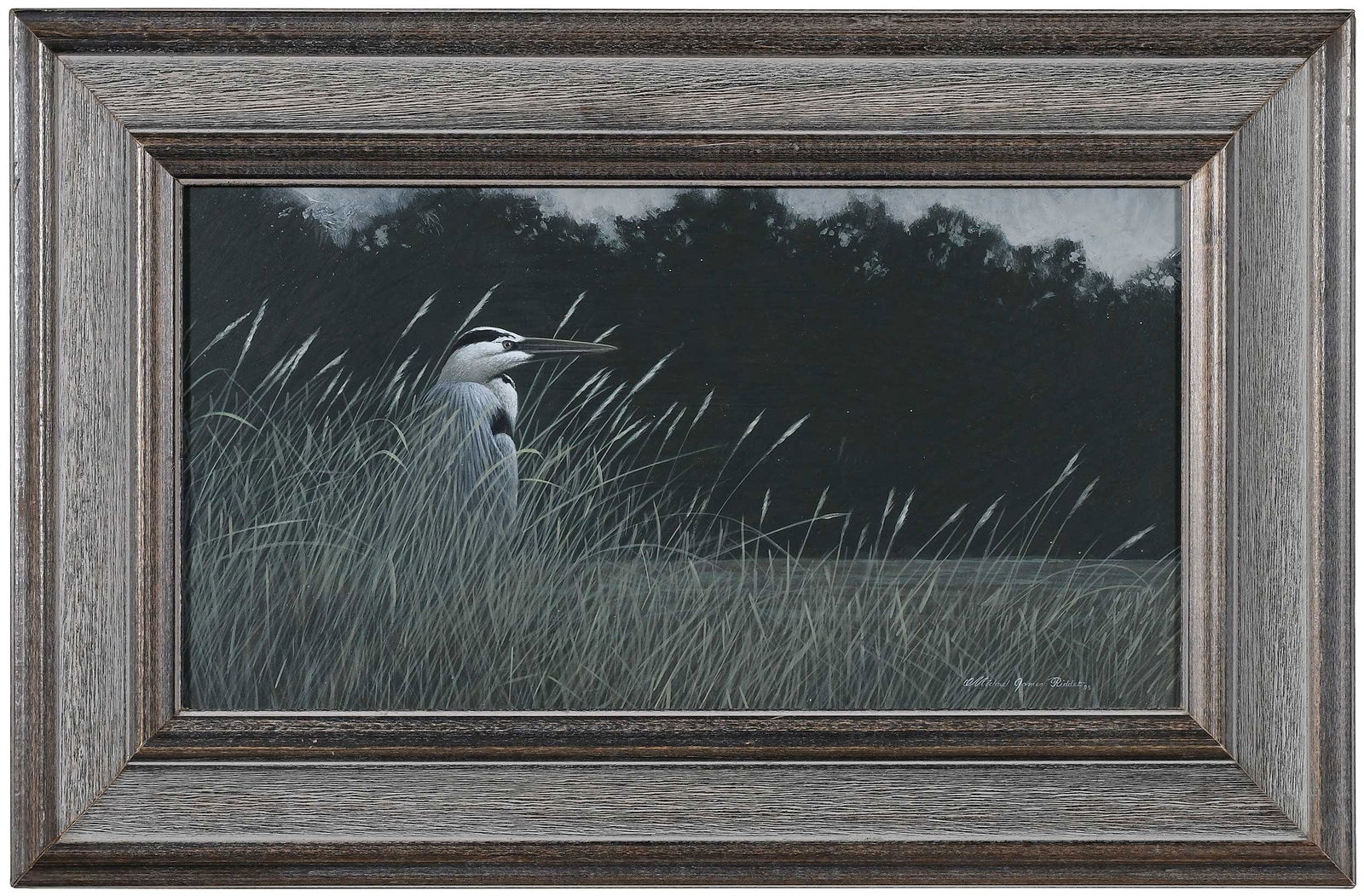 Michael James Riddet: (American, born 1947) Heron in a Marsh, 1999, signed and dated lower right "Michael James Riddet '99", oil on Masonite, 7-1/2 x 14 in.; painted wood frame, 12 x 18-1/2 in. Provenance: Es