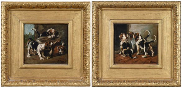 John Emms, A Pair of Miniature Paintings, Foxhound Puppies