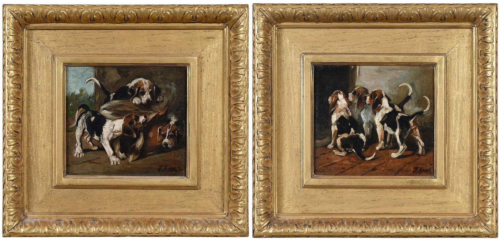 John Emms, A Pair of Miniature Paintings, Foxhound Puppies: (British, 1843-1912) Expectant puppies in a kennel and playful puppies around a game bag, circa 1890, both signed lower right "J. Emms", oil on canvas, 5-7/8 x 6-1/2 in.; matching Watts gilt