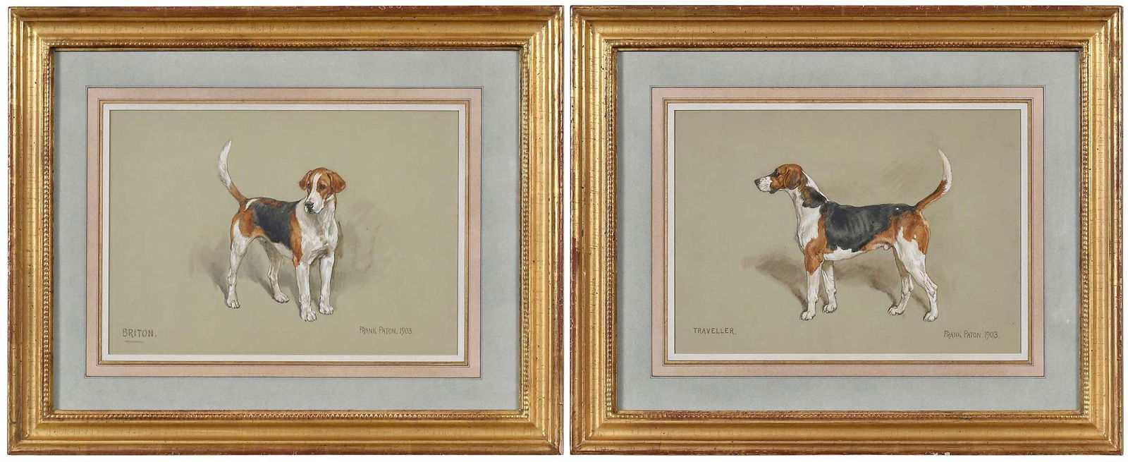 Frank Paton, A Pair of Portraits of Foxhounds: (British, 1855-1909) Briton, facing right, Traveller, facing left, both signed and dated lower right "Frank Paton, 1903", watercolor and gouache on light green to buff paper, 9-1/2 x 13