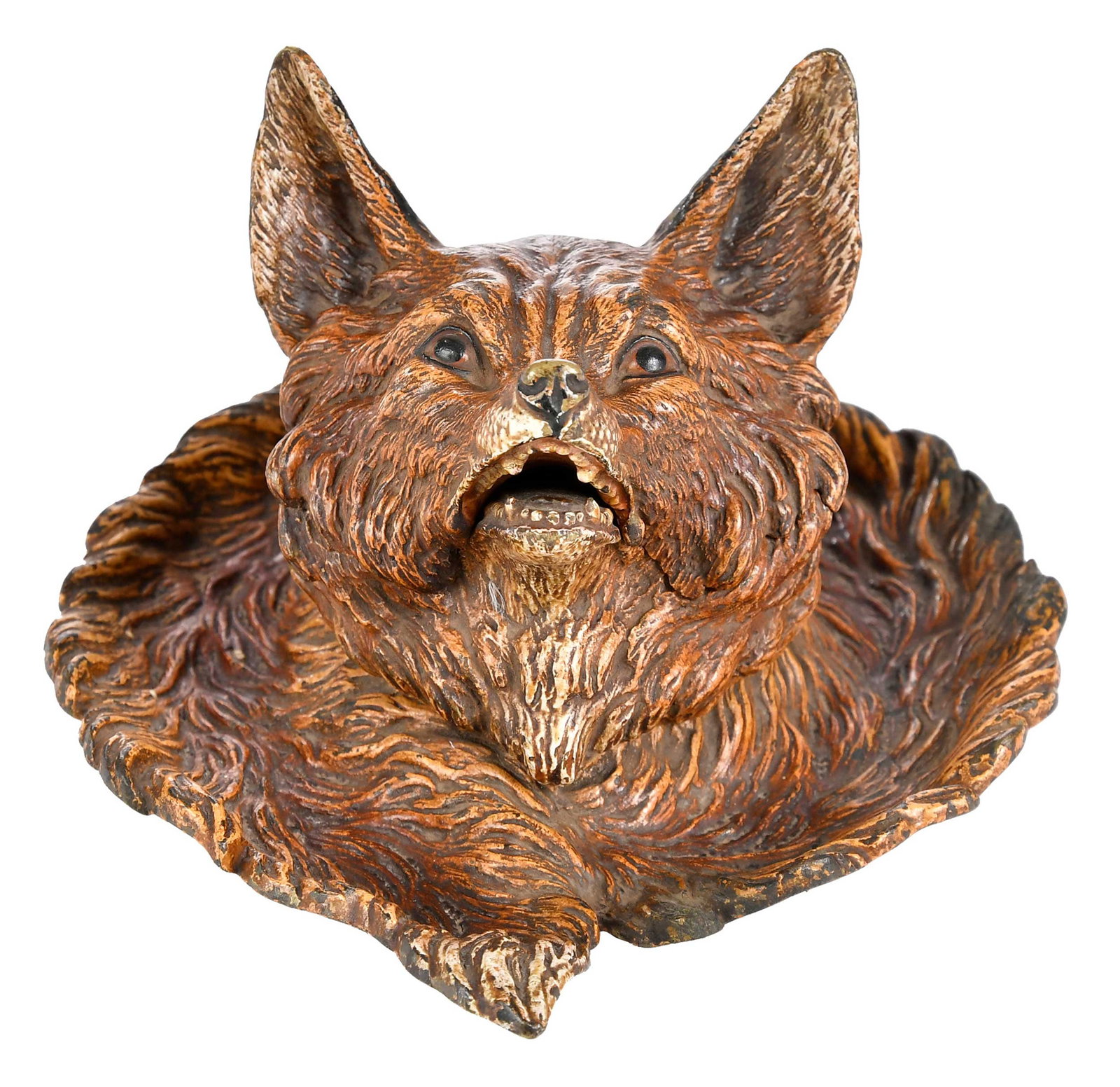 Austrian Cold Painted Bronze Fox Form Inkwell: circa 1900, with impressed "V" mark to lid and under brass insert, 3-1/2 x 6 x 7 in. Provenance: David Lindquist & Associates, Whitehall at the Villa, Chapel Hill, North Carolina, sold M