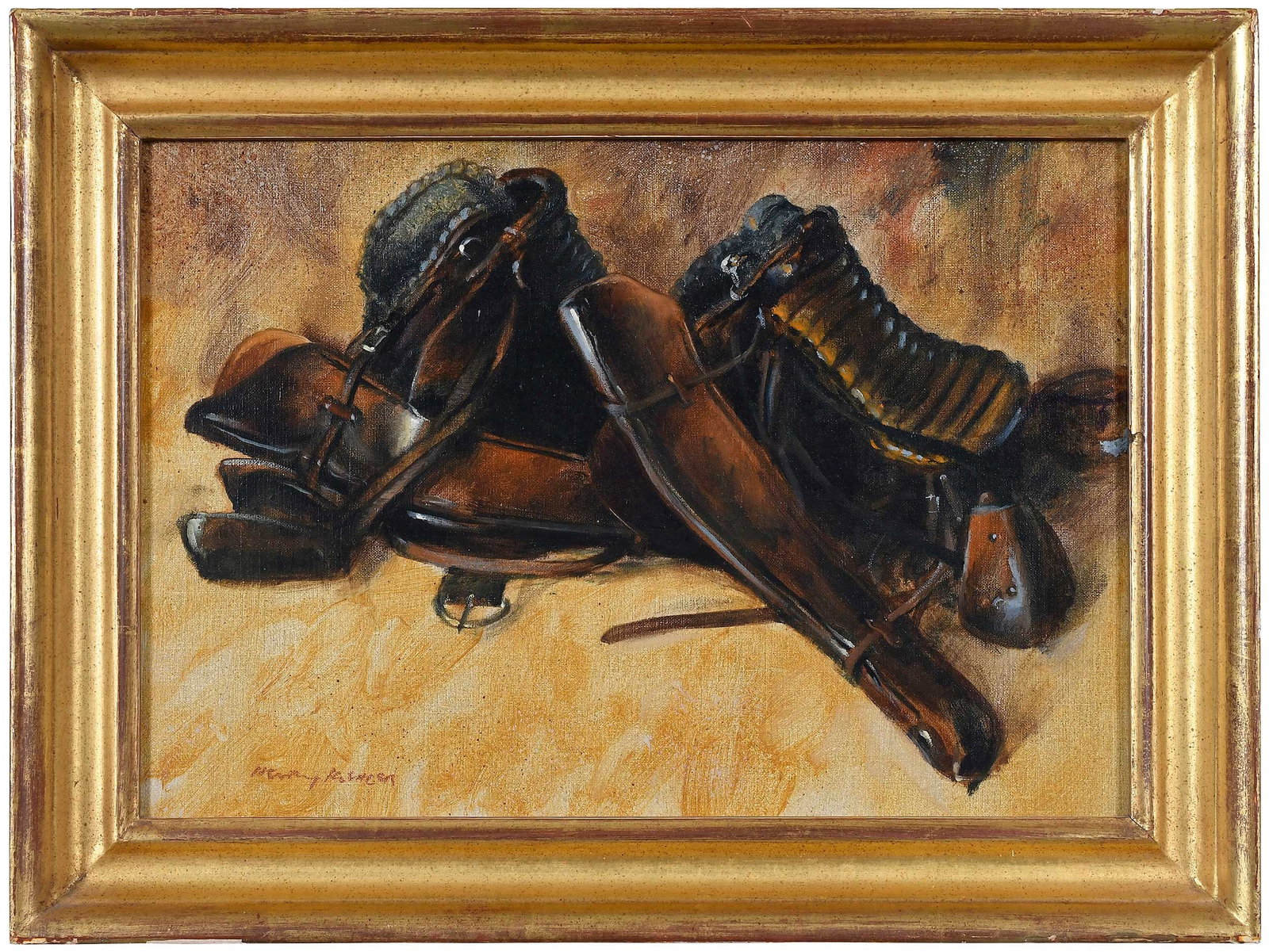 Henry Koehler: (American, 1927-2018) Two Shooting Saddles, 1989, signed lower left “Henry Koehler", oil on canvas, 9 x 13 in.; gilt wood frame 11-1/2 x 15-1/2 x 1-3/4 in. Provenance: Purchased direc