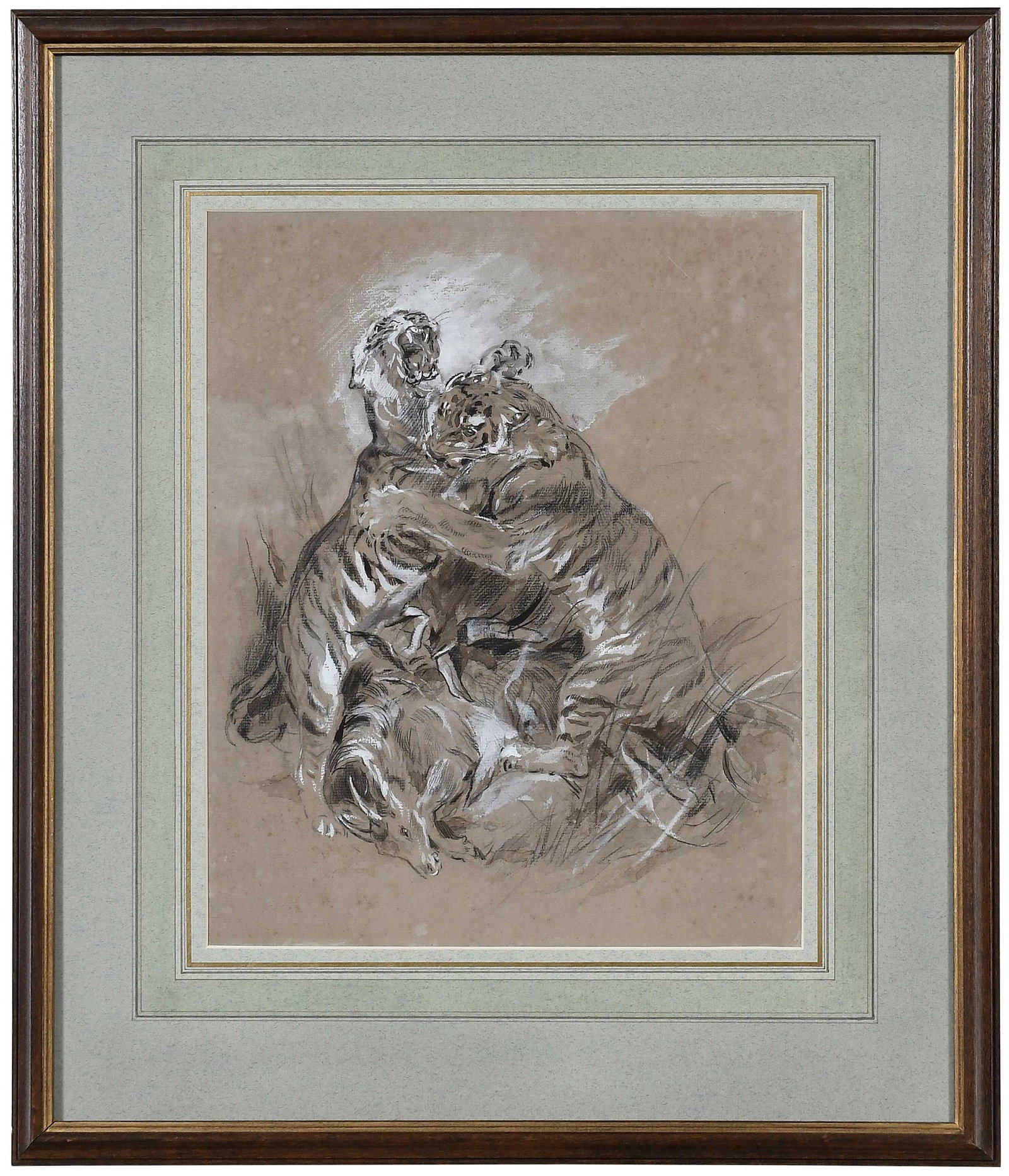 Follower of Sir Edwin Henry Landseer, Tigers Fighting: (British, 1802-1873) A battle over fresh kill, unsigned, black chalk, ink, and body color on brown paper, sight 13-3/8 x 10-7/8 in.; wood frame, 21 x 18 x 1 in. Provenance: Thomas Deans & Co