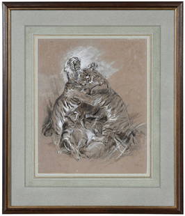 Follower of Sir Edwin Henry Landseer, Tigers Fighting: (British, 1802-1873)&nbsp; A battle over fresh kill, unsigned, black chalk, ink, and body color on brown paper, sight 13-3/8 x 10-7/8 in.; wood frame, 21 x 18 x 1 in. Provenance: Thomas Deans &amp; Co