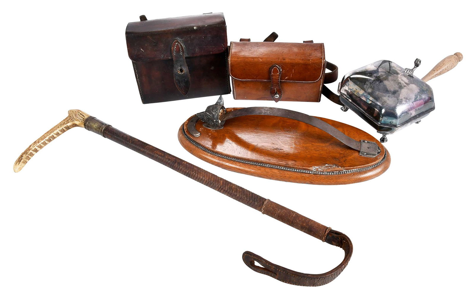 Five Assorted Sporting-Related Objects: 19th/20th century, including hunter championship trophy silver plate footed crumber with wooden handle, 3-3/4 x 9 x 5-1/4 in.; silver fox head holder mounted on wood base, plaque "From 