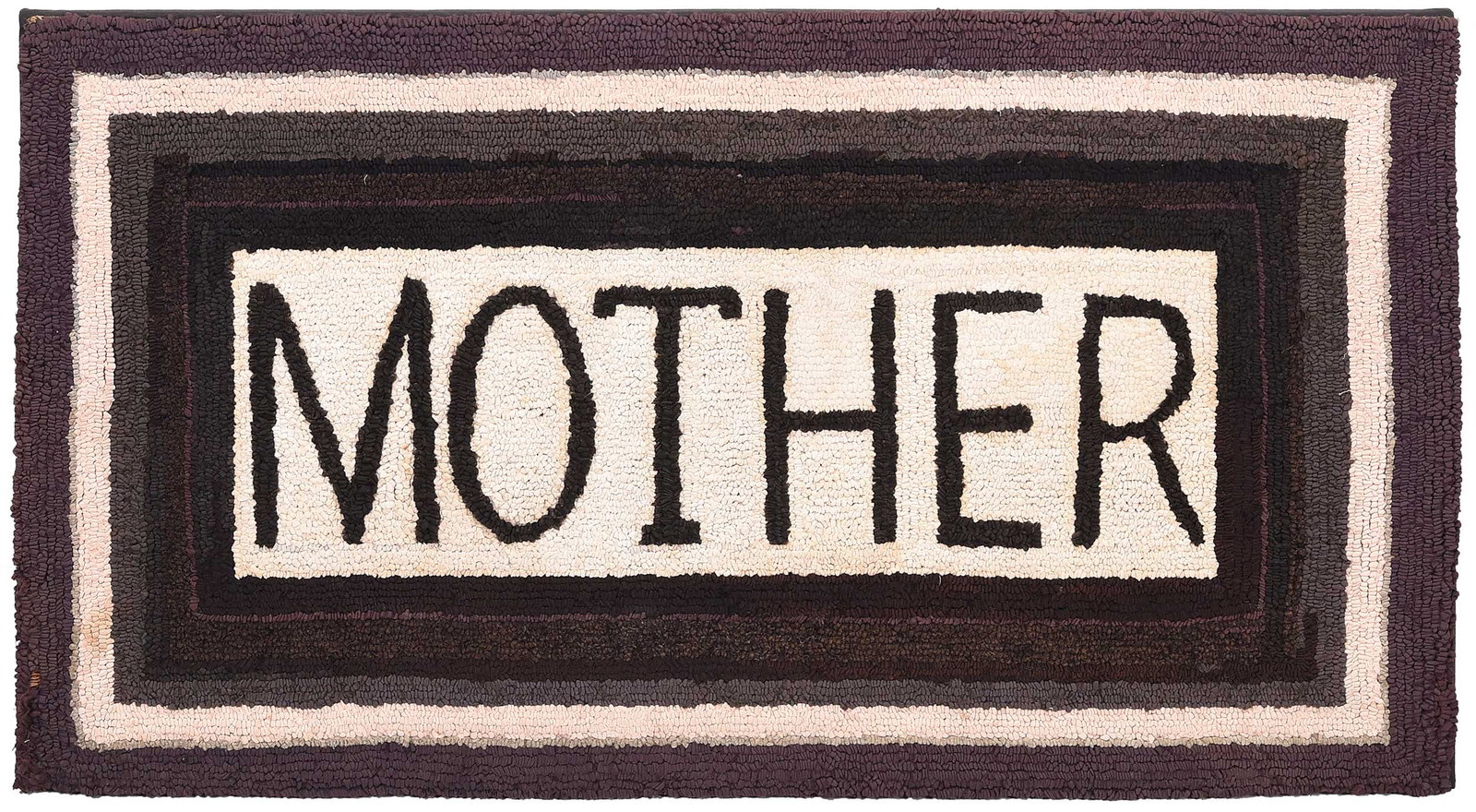 American Hooked Rug on Frame, "Mother": early 20th century, mounted on wood frame with black fabric backing, 42 x 23-1/2 x 1 in. Provenance: Private Collection, Asheville, North Carolina