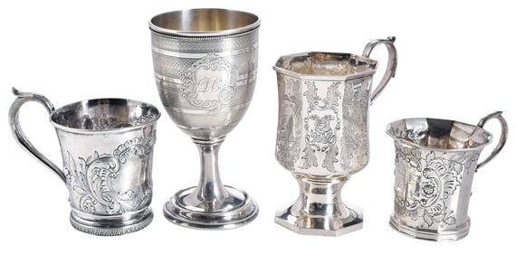 Coin Silver Goblet, Two Mugs, and One Presentation Mug