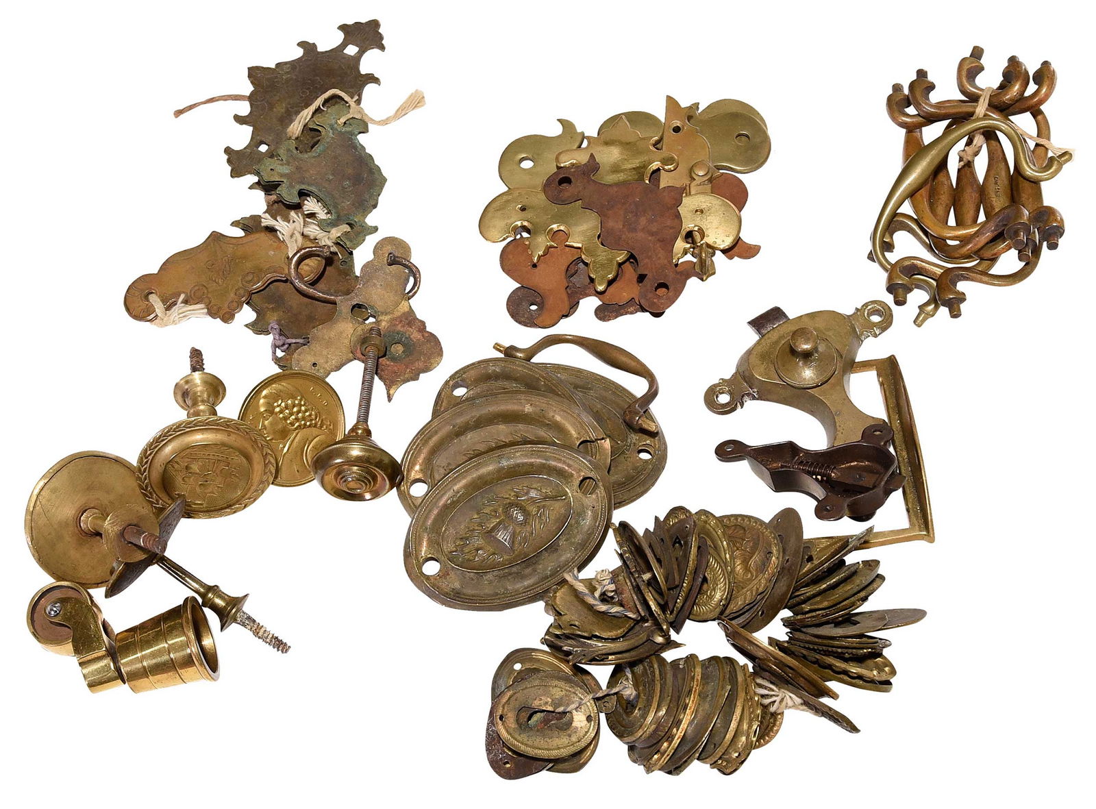 Large Collection of Brass and Iron Furniture Hardware: 19th/20th century, over 400 pieces, some Hepplewhite style examples, including drawer pulls of various styles, screws, decorative appliques, among others, largest piece 2-1/4 x 8-3/4 x 3/4 in. Provena