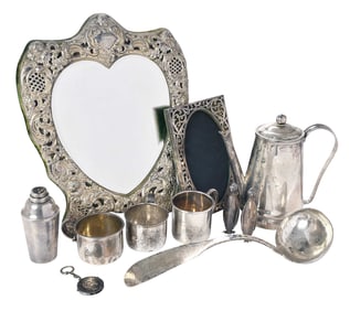 Silver Frames, Mugs, Coffee Pot, Ladle and More, 11 Pieces