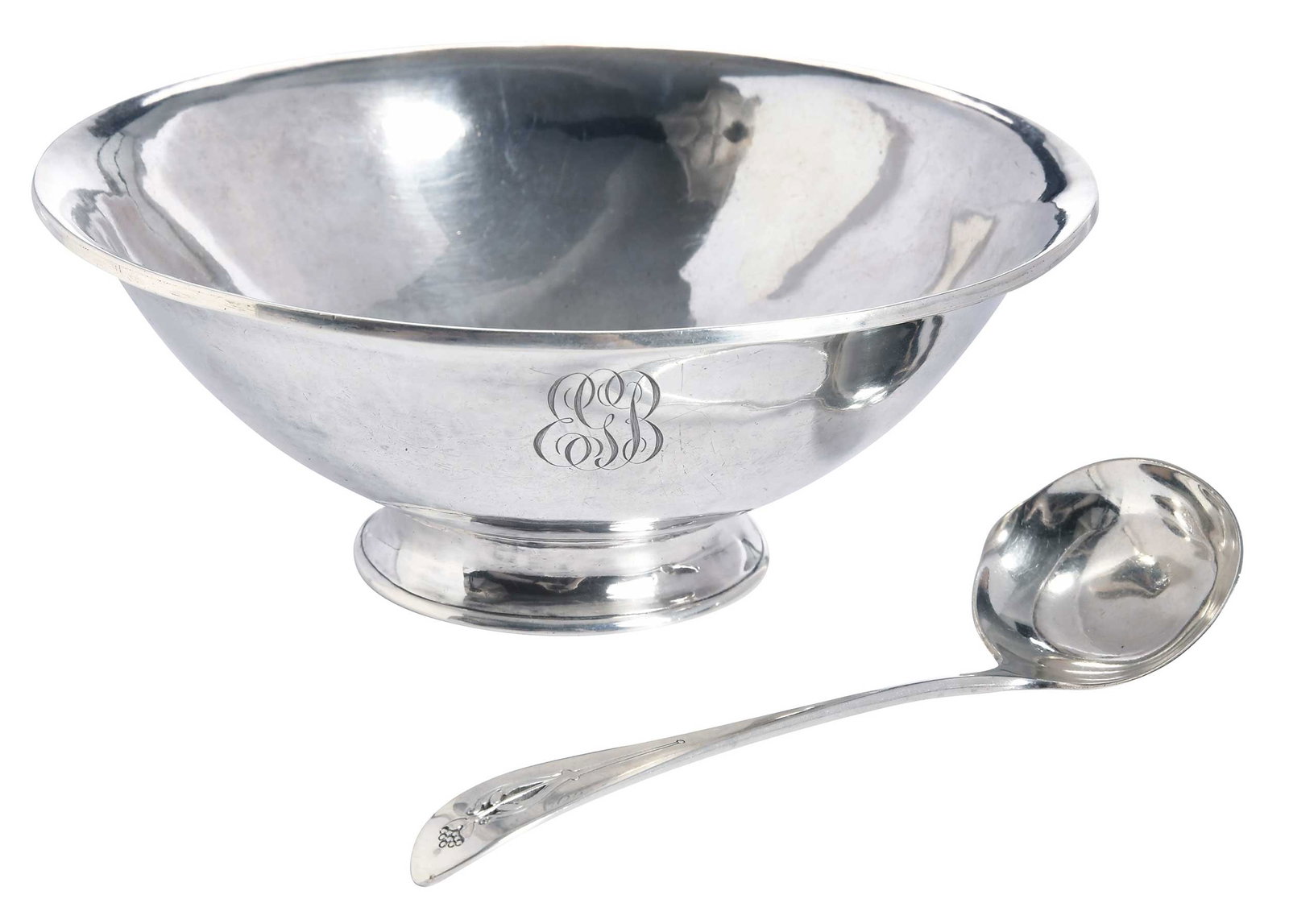 Hammered Sterling Footed Bowl and Arthur Stone Spoon: American, 20th century, round with light hammered finish, monogram, marked "Burton" with hammer, 3 x 7 in.; sauce ladle with spout, handle with pierced design, marks for Arthur Stone (Gardner, Massach
