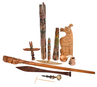11 Northwest Coast Totem Tools and Decorative Objects and Cherokee Ceramic Vase