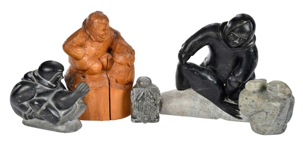 Five Inuit Carved Soapstone and Wood Figural Scenes