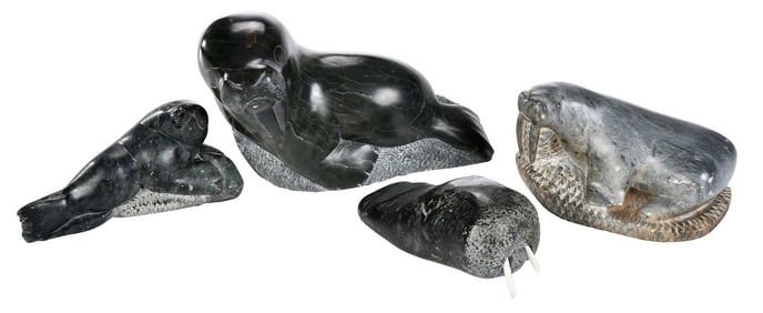 Four Inuit Carved Soapstone Walruses