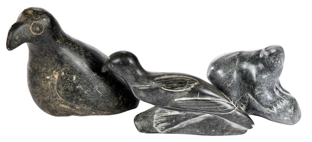 Two Inuit Carved Soapstone Birds and Bear