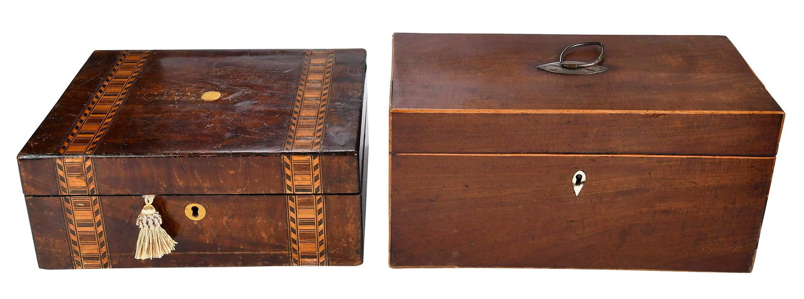 English Tea Caddy and Parquetry Jewelry Casket: 19th century, larger approx. 6-1/8 x 12 x 5-3/4 in. Provenance: (casket) Youngman Antiques at Bermondsey, London, November 5, 1990; Virginia Private Collection