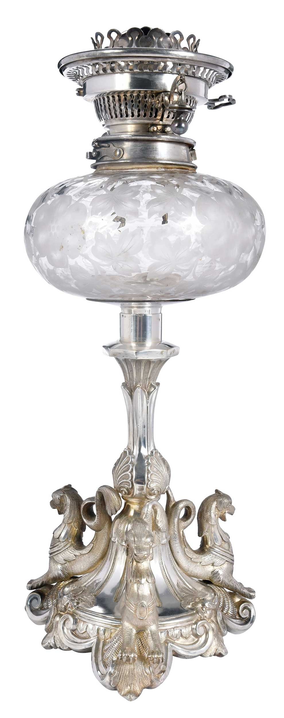 Victorian English Silver Plate Oil Lamp with Griffins: Sheffield, late 19th century, base with three griffins, glass oil font with ivy, base with marks for Padley, Parkin & Staniforth, 16 in. Provenance: Jolly Estate, Raleigh, North Carolina