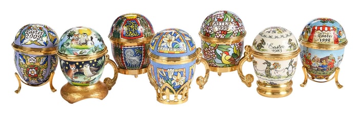 Collection of 38 Halcyon Days Enamel Easter Egg Boxes with Stands