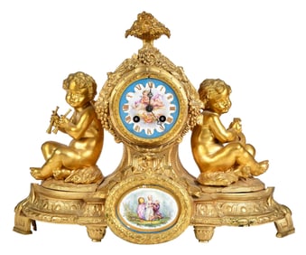 Louis XV Style Gilt Bronze and Porcelain Mounted Mantle Clock