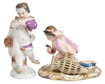 Two Meissen Porcelain Putti, Ice Skater and Fish Basket Scene